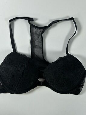 Victoria's Secret Push Up Size 32C Black Lace Racerback Bra Front Close